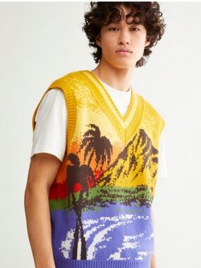 BDG Yellow Scenic Intarsia V-Neck Sweater Vest
